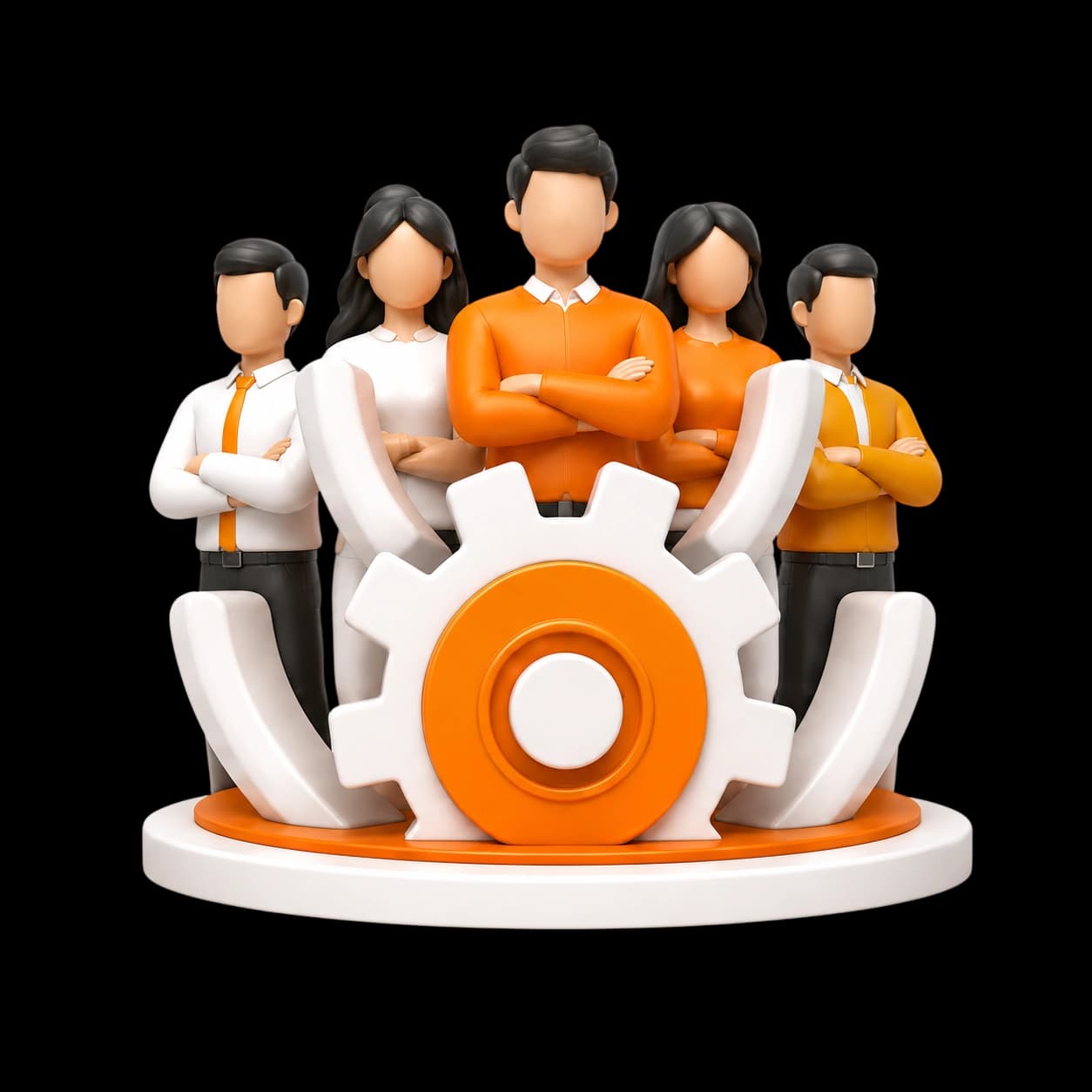 Illustration of the Setup Egypt team standing together behind a gear, representing the people who plan and build every event